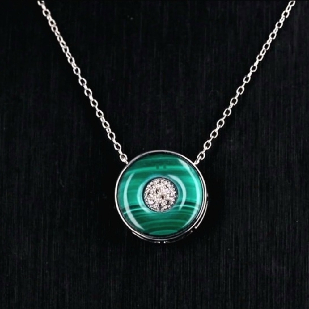 African Malachite & White Zircon 6.35 ctw Necklace in Rhodium Over Sterling